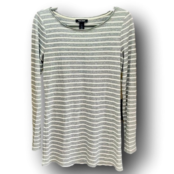 White House Black Market Ribbed Gray & White Steiped Top with bling trim - Picture 2 of 15